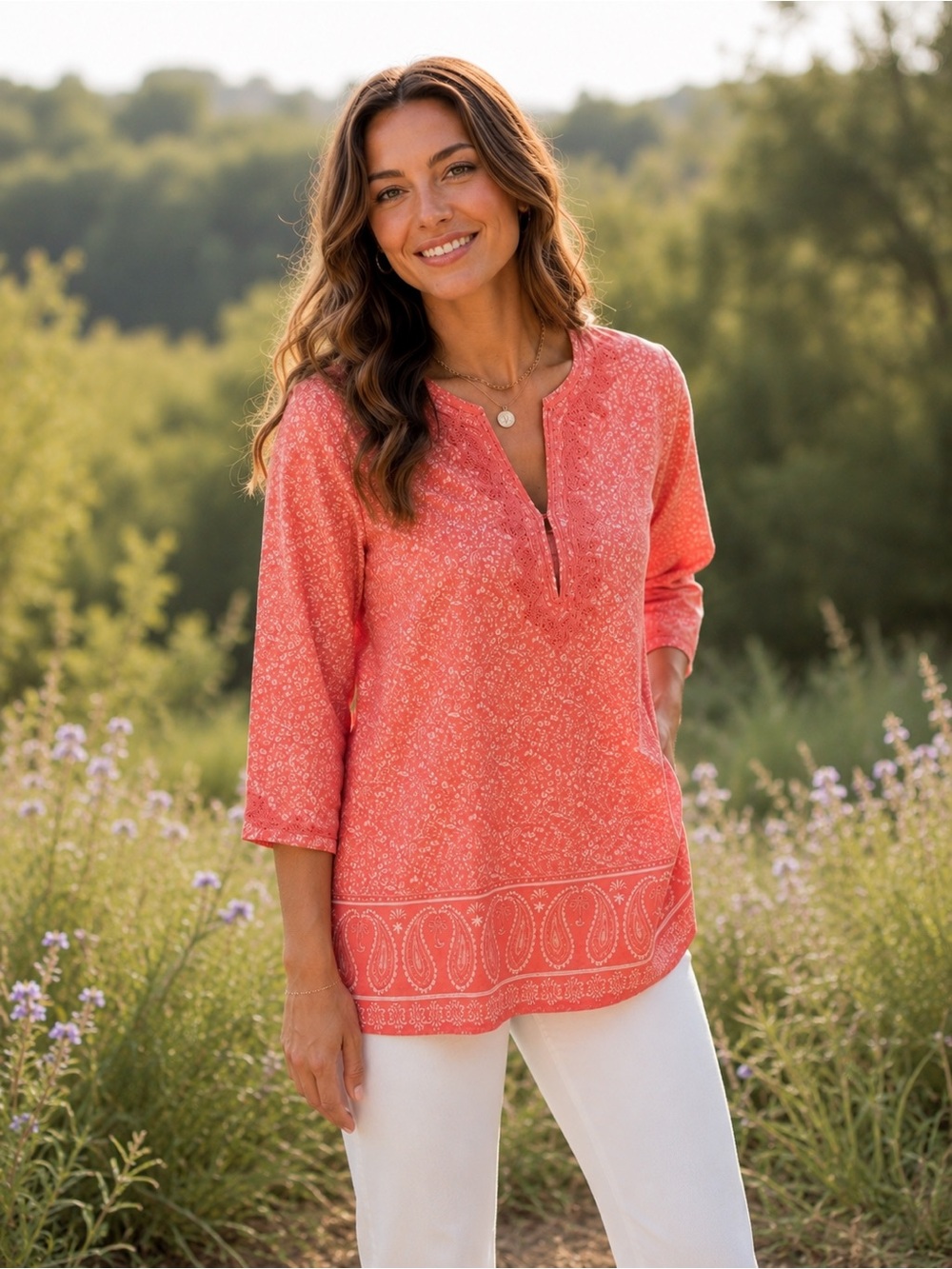 Coral Cotton Boho Tunic Top Embroidered Split Neck 3/4 Sleeve Medium
